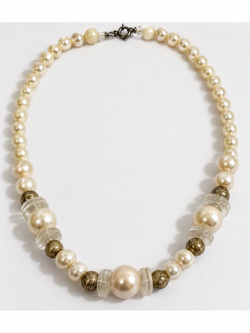 Women’s Vintage Style Pearl Clear Bead Statement Necklace Ivory Gold Tone Unworn